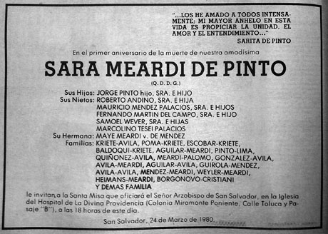 Esquela de la invitaci&oacute;n a misa del primer aniversario de la muerte de Sara Meardi de Pinto. El servicio religioso lo oficiar&iacute;a monse&ntilde;or &Oacute;scar Arnulfo Romero. Foto: El Faro.